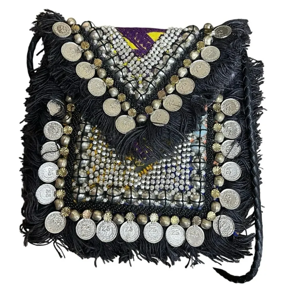 Vipul shah Bohemian Black & Silver Crossbody bag Beadwork & Coin Embellishments